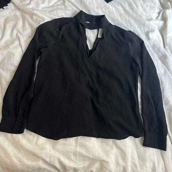 Black cutout choker crepe long sleeve blouse women's large - Picture 1 of 10